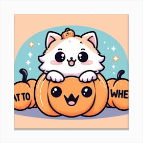 Cute Cat On Pumpkin Halloween Kawaii Anime Cartoon Design Canvas Print