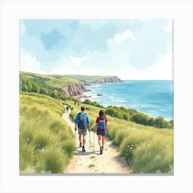 A Watercolor Of An English Coastal Path With Hikers Enjoying The Stunning Sea Views 1 Canvas Print