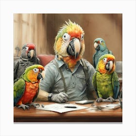 Parrots At The Desk 1 Canvas Print