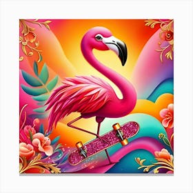 A Radiant Flamingo With A Sparkly Skateboard, Inspired By The Lively And Colorful Paintings Of Frida Kahlo, With A Bright Pink And Orange Palette, Where The Flamingo Is In Focus And The Background Is Blurred Into Vibrant Shapes Canvas Print