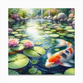 Serene koi fish pond with lily pads Canvas Print