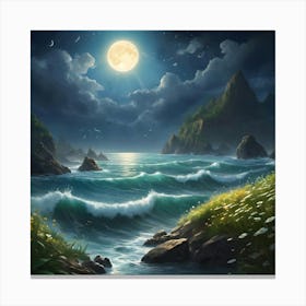 Moon High In Night Sky Waves Crashing On The Shore Canvas Print