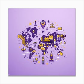 Purple and Yellow World: A Minimalist and Elegant Illustration of a World Map in Purple and Yellow Colors Canvas Print