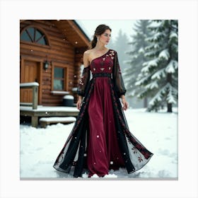 Woman In A Snowy Cabin Canvas Print