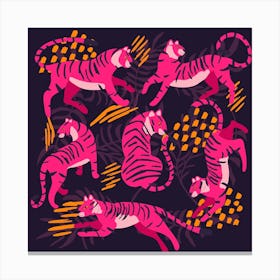 Pink Tigers On Dark Purple Square Canvas Print
