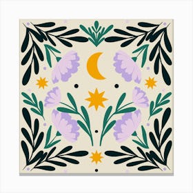 Stars Moon And Flowers - violet and green Canvas Print