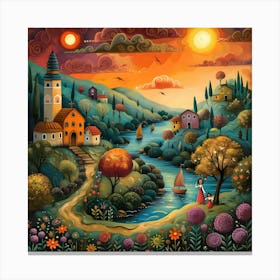 Sunset In The Village, Naive, Whimsical, Folk Canvas Print