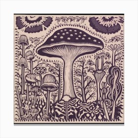 Mushroom Woodcut Purple 3 Canvas Print