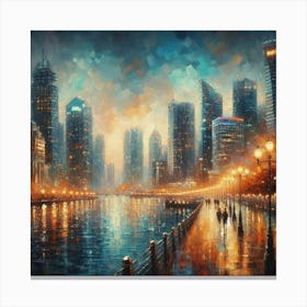 City On The Water At Night Commercial Hotel Canvas Print