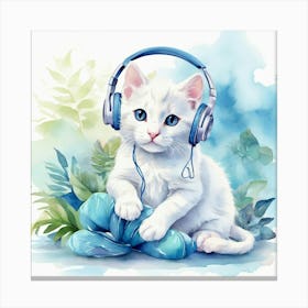 White Cat With Headphones 1 Canvas Print