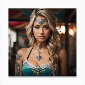 tattoo design, stencil, portrait of princess zelda in a bikini by artgerm, symmetrical face, beautiful, triforce Canvas Print