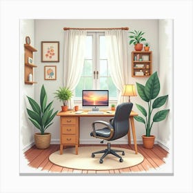 Cozy Home Office In Watercolor, With A Desk, Computer, And Personal Touches Canvas Print