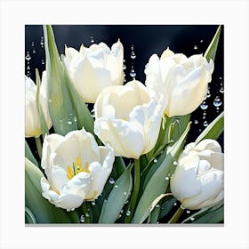 A Close Up View Of A Bunch Of White Tulips Their Petals Delicately Rendered In Watercolors With De (1) Canvas Print