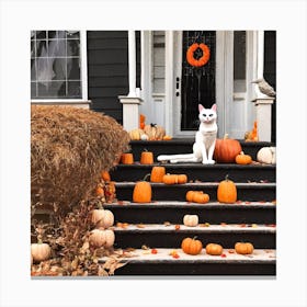 Halloween Cat On Front Steps Canvas Print