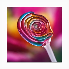 A Close Up Of A Delicate Lollipop On A Vibrant Flower Petal, Showcasing Its Reflective Surface And I Canvas Print