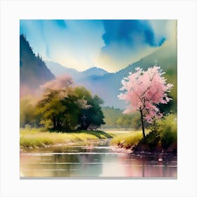 Cherry Blossoms By The River Canvas Print