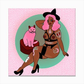 Pink Hair Pin Up Witch And Kitty Cat Square Canvas Print