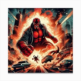 A Page For A Fantasy Comic Book Starring Hellboy Fighting An Epic Battle In A Fiery Apocalyptic Cityscape, Highlighting Explosions And Supernatural Elements Using Vivid Comic Styles And Visual Effects 3 Canvas Print