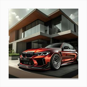 Metallic Red BMW M3 With Full Body Kit In Front Of Modern House 4 Canvas Print