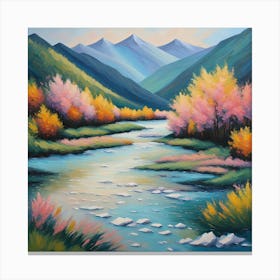 Autumnal Elegance: Serene River Flowing Through Vibrant Valley wall art. Canvas Print