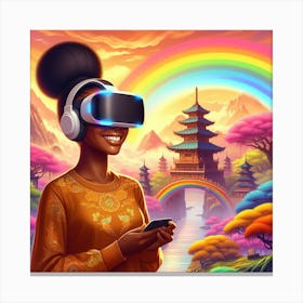 Woman wearing a VR headset in a Shangri-La Canvas Print