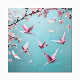 Origami Birds Flying Over Cherry Blossoms Canvas Print