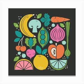 Fruits And Veggies - Black Canvas Print