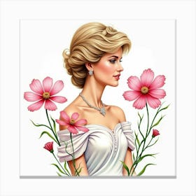 Elegant Watercolor Depiction Of Princess Diana With Blooming Cosmos 1 Canvas Print