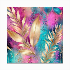 Gold Leaves On A Blue Background Canvas Print