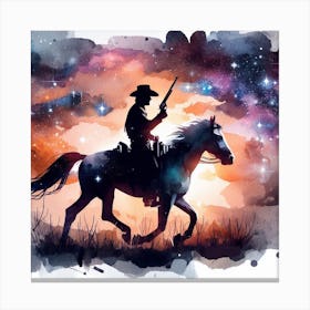 Watercolor Cowboy On A Horse in space Canvas Print