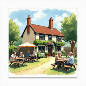 Watercolor Depiction Of An English Pub Beer Garden With Patrons Enjoying The Sun 1 Canvas Print