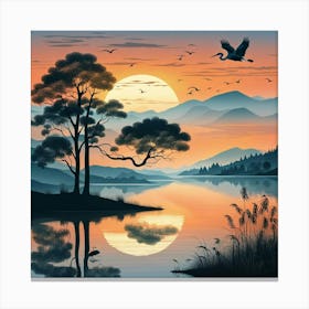 Japanese style sunset lake Canvas Print