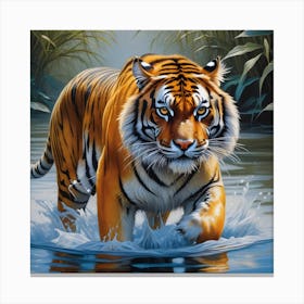 National Geographic Realistic Illustration Tigrer With Stunning Scene In Water (2) Canvas Print