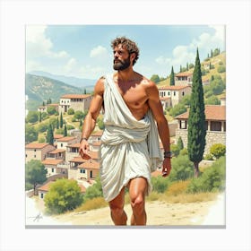 A Graceful Greek Man In Watercolor, With A Vibrant Village Scene In The Background 1 Canvas Print