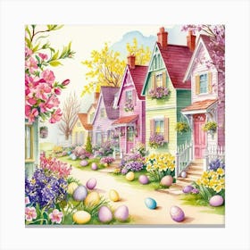 A springtime village scene with Easter eggs, blooming trees and flowers, illustrated in a detailed classic watercolor style Toile