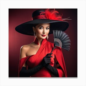 Beautiful Woman In A Red Dress With Fan Canvas Print