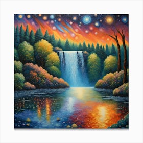Enchanted Forest Waterfall - Surreal Sunset Landscape Canvas Print | Starlit Sky Reflection Home Decor wallArt Canvas Print
