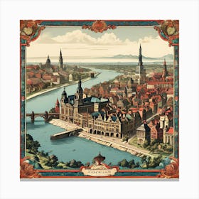 A Vintage Map, Of A Historic City With Ornate Borders And Labels art print 14 Canvas Print