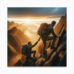 Two Men Climbing A Mountain Canvas Print