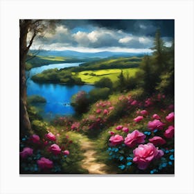 Pink Roses above the Lakeland Landscape Canvas Print