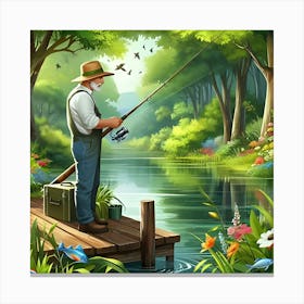 An Image Of A Man Fishing In A River With A Beautiful Landscape 2 Canvas Print