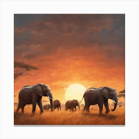 Elephants At Sunset 1 Canvas Print