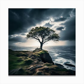 Lone Tree On The Cliff, A Lone Tree Standing Strong On A Cliff Edge Against A Stormy Sky Representing The Courage 1 Canvas Print