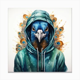 Watercolour Cartoon Peacock In A Hoodie 3 Canvas Print