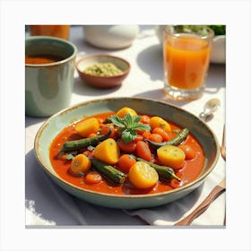 Watercolor Depiction Of A Savory And Aromatic Vegetable Curry On A Cozy Dining Table Canvas Print