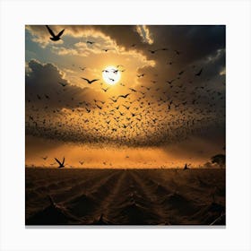 The Dance of Shadows: Thousands of Birds Soaring Under the Warm Glow of the Horizon Canvas Print