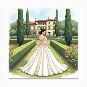 Elegant Italian Bride In Watercolor, With A Beautiful Villa And Garden Setting Canvas Print