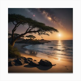 Tree On The Beach At Night Canvas Print