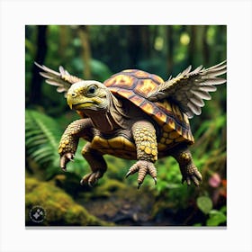 Tortoise With Feathers On His Shell Landing To The Ground Canvas Print