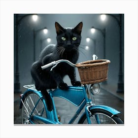 A Cat Riding A Blue Bicycle In The Rain 1 Canvas Print